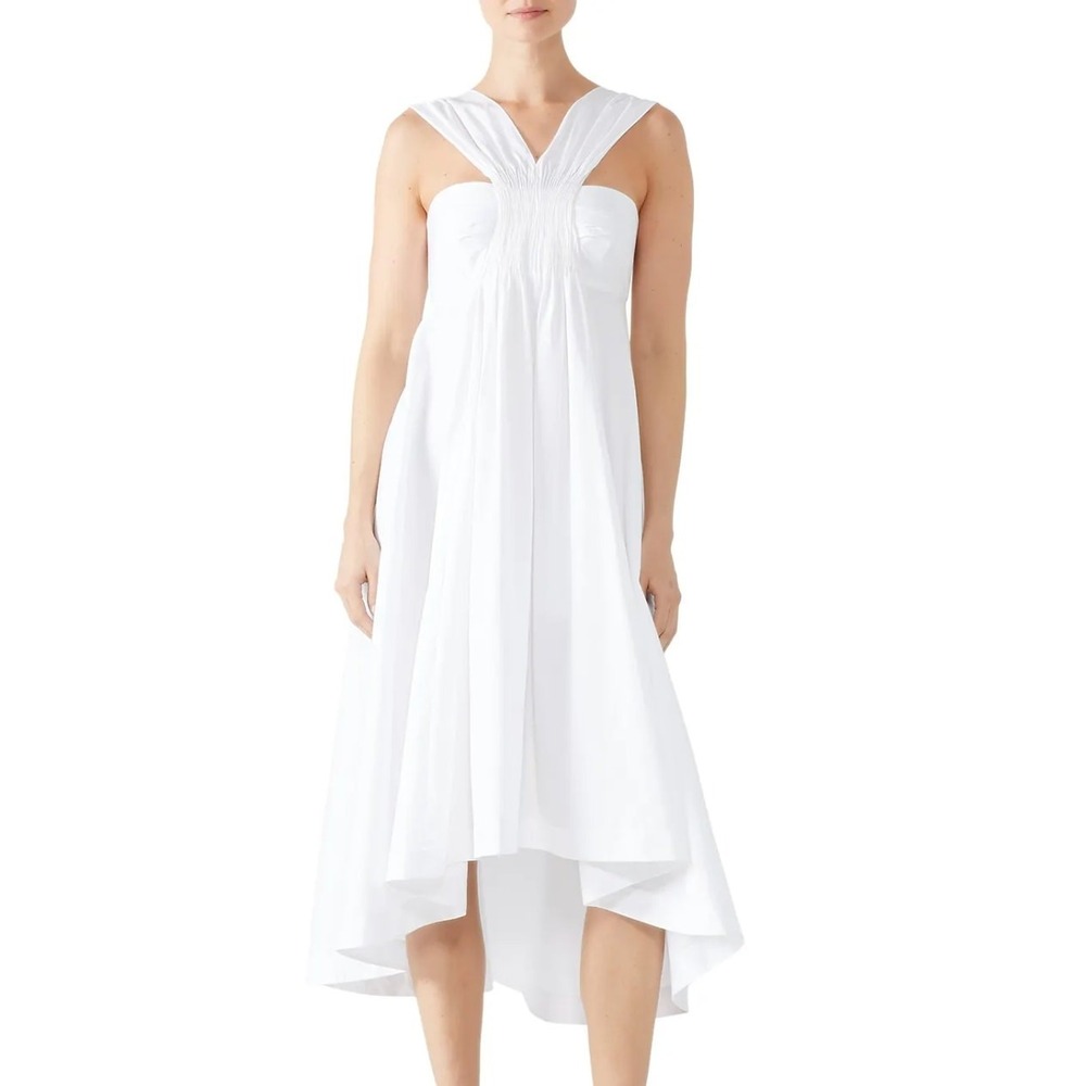 Teija Dress Women 8‎ White Cotton Smocked High Low Halter Midi Minimalist